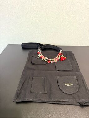 Black Canvas Crossbody Tote with Red Beaded Strap
